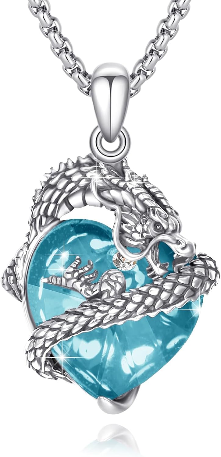 Dragon Necklace for Women 925 Sterling Silver Oxide Dragon Pendant Necklace Birthstone Necklace Retro Jewelry Gift for Women