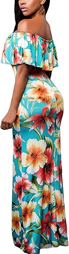 Vista 3 de LalaLin Vestido largo sexy con hombros descubiertos para mujer, estampado floral, manga con volantes, entallado, para salir a la noche, Hawaii