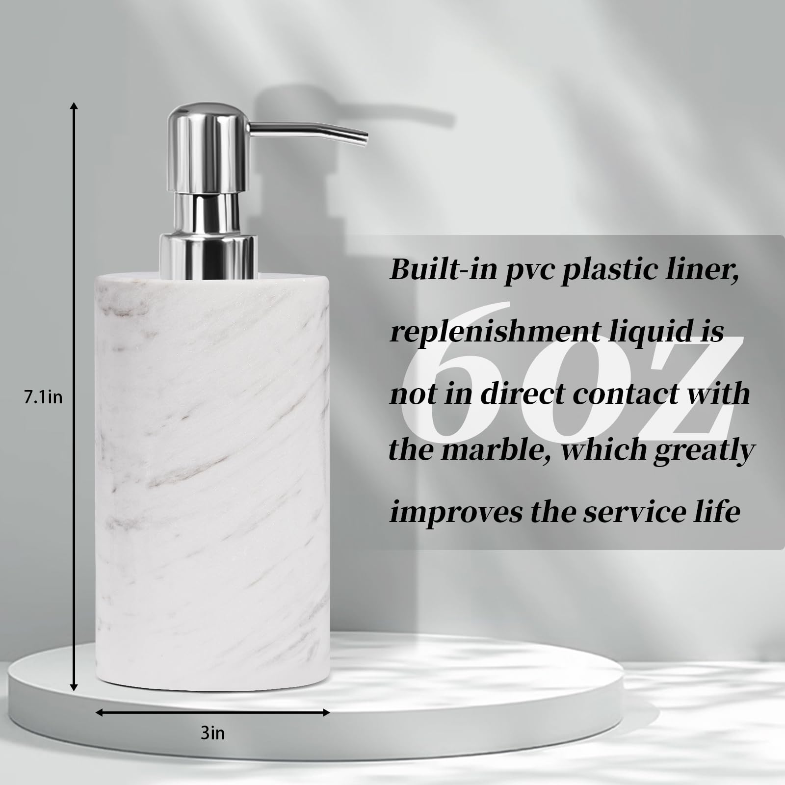 Dispensador de jabón de mármol blanco con bomba de acero inoxidable para encimera de baño, cocina, dispensador de loción y líquido, botella de jabón