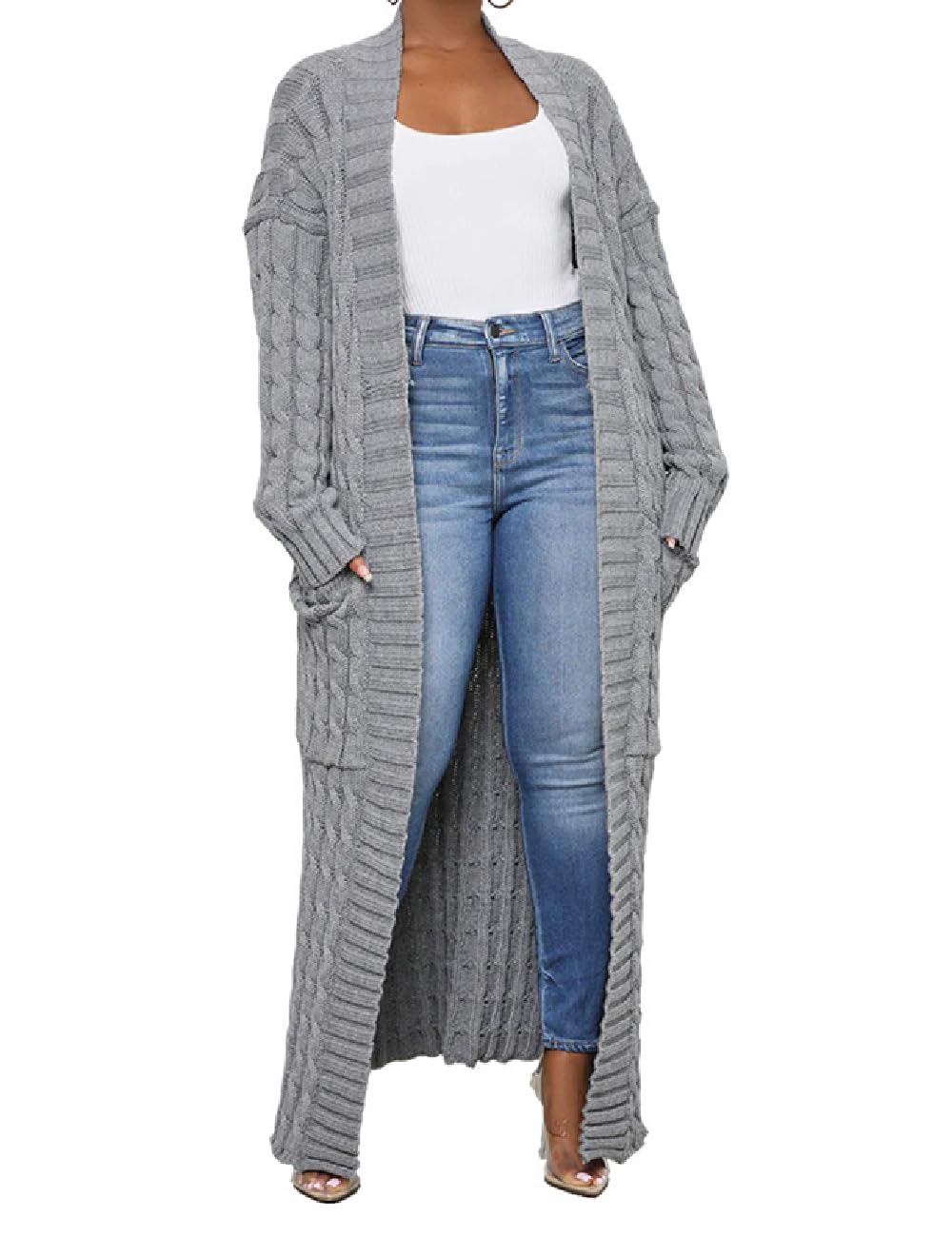 Womens Thin Stylish Cable Knit Dual Extra Long Maxi Cardigan with 2-Pockets