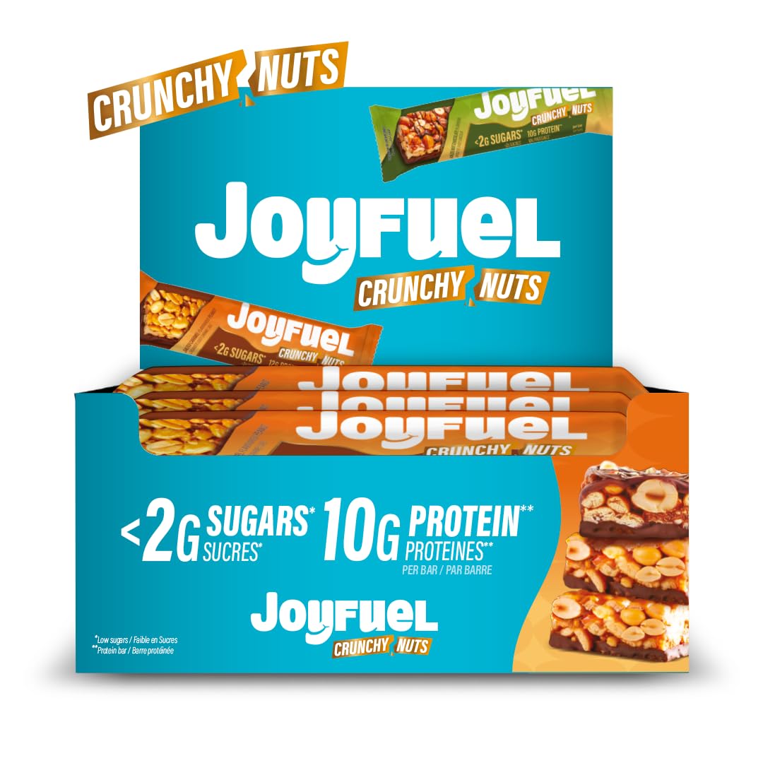 JOYFUEL Barre Protéinée Crunchy Nuts Cacahuète Caramel Salé 12x47g | 12g de Protéines, <2g de Sucre, Sans Gluten