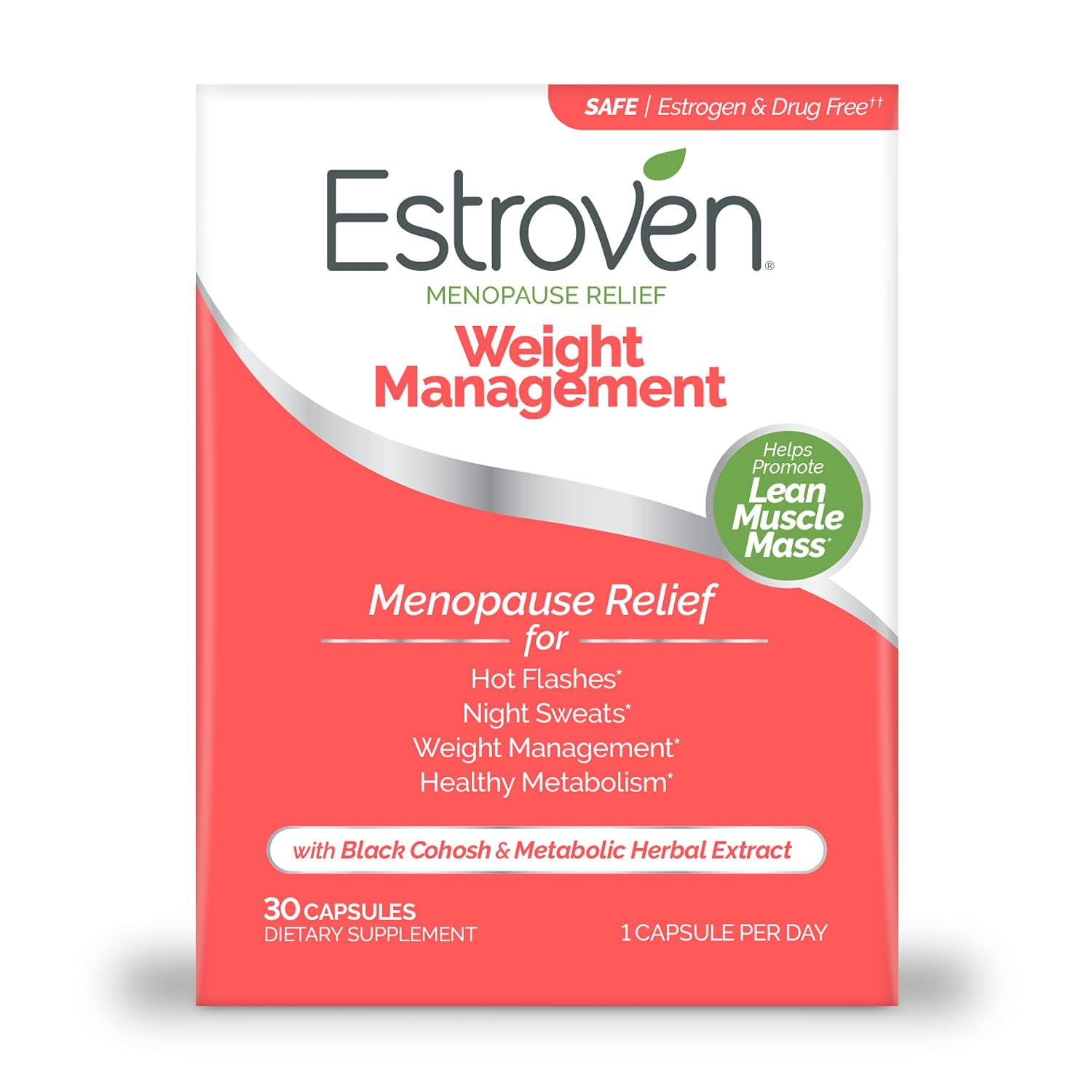 Estroven Weight Management for Menopause Relief - 30 Ct. - Clinically Proven Ingredients Help Manage Weight, Provide Night Sweats & Hot Flash Relief* Drug-Free & Gluten-Free Caplets