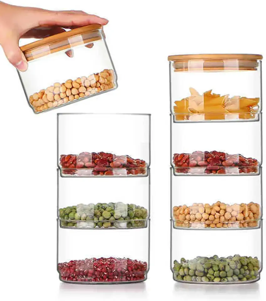 Glass Food Storage Jars, Stackable Glass Jars Containers with Sealed Lids, Clear Glass Food Canisters, For Pantry Cookie Flour Cereal Rice Sugar Tea Coffee Beans Spice (1 Pcs, 4 Floors)