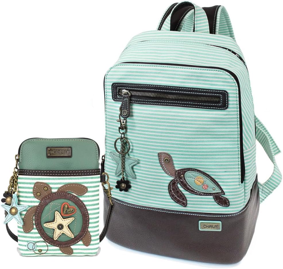 CHALA New Deluxe Striped multipurpose-backpacks with detachable Key Charm, fit up to 14" Laptop for Adult (Teal Stripe_ Sea Turtle)