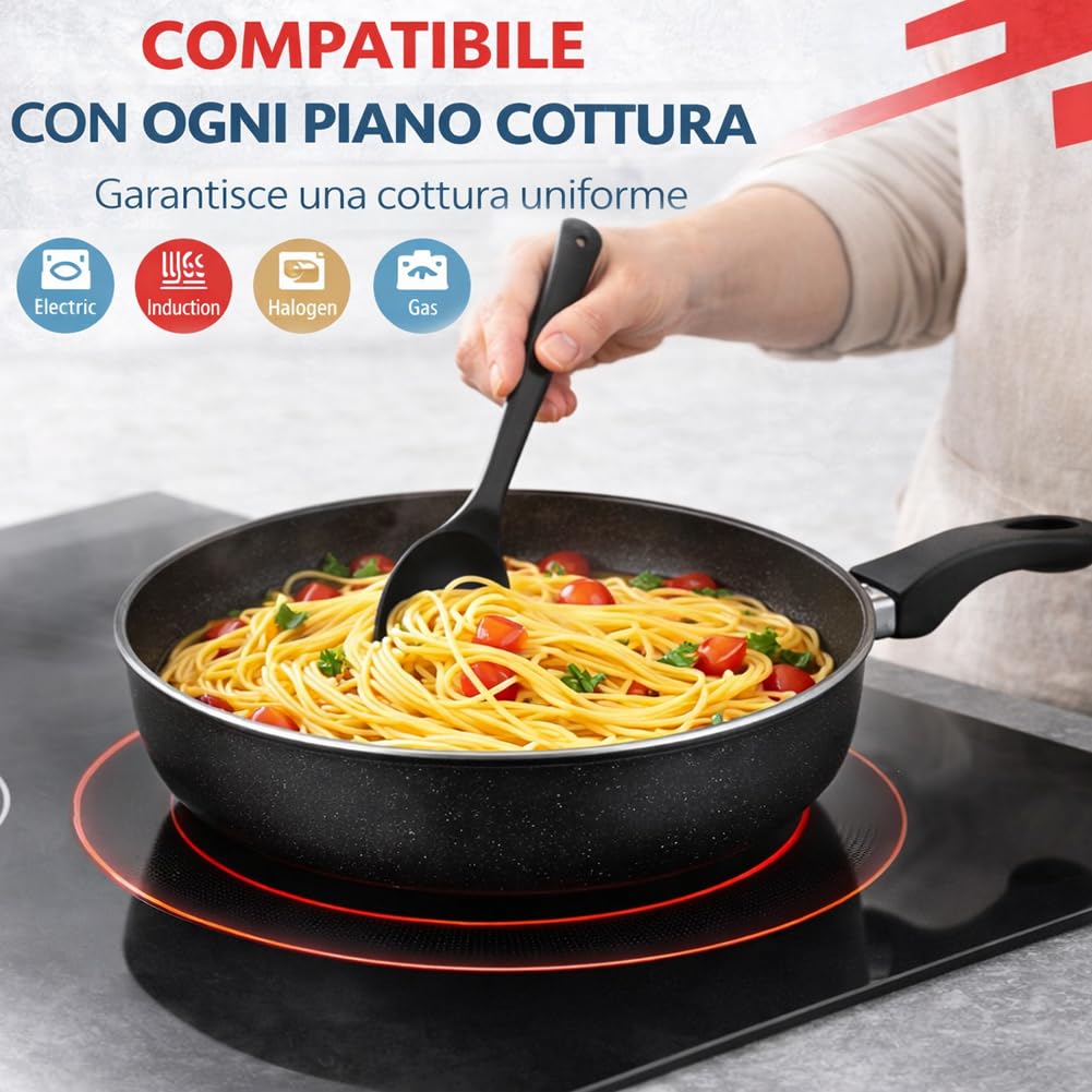 BAKAJI Set 6 Pezzi Padelle in Alluminio con Coperchio in Vetro, Adatto ad Ogni Tipo di Piano Cottura, Pentola Antigraffio, Padella con Manico Ergonomico per Cucinare in Maniera Sana (Nero) - 2