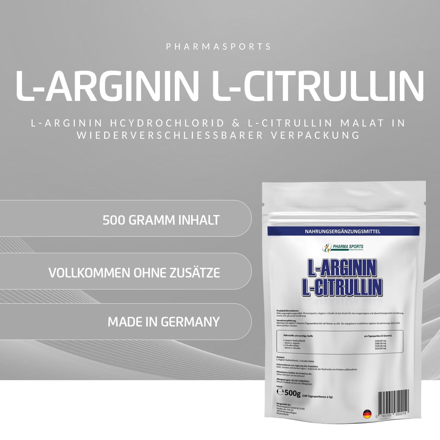 vipstar Arginin Citrullin Mix Pulver hochdosiert - 5000mg L-Citrullin Malat + L-Arginin HCL pro Portion - Fitness, Pump und Bodybuilding - 500g Premiumqualität ohne Zusätze