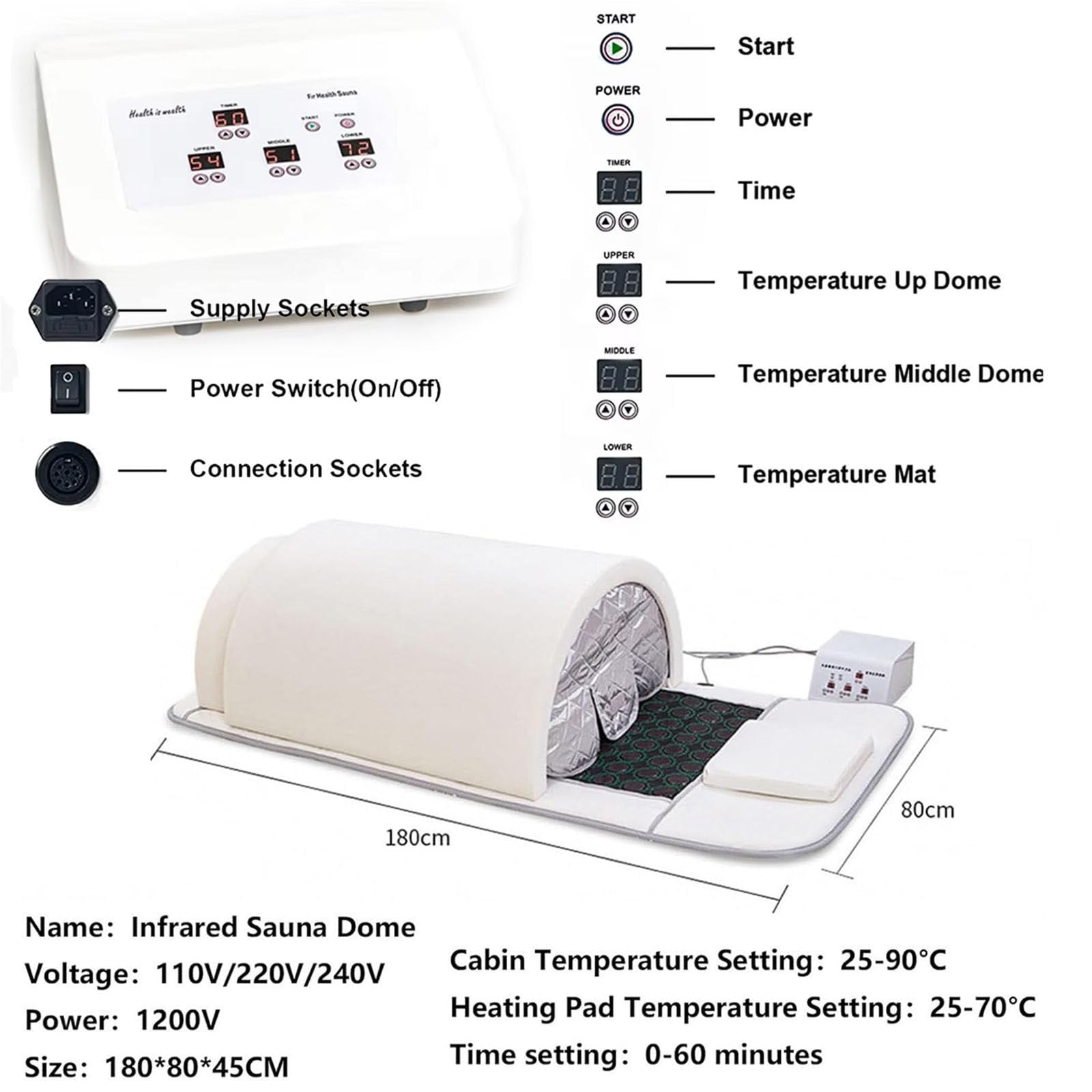 Sauna Infrarrojos Lejanos Cúpula Sauna Seco Portatil Cápsula Sauna Completa Cuerpo Para Hogar Con Esterilla Infrarrojos Cercanos,Desintoxicación Con Calefacción Y Piedras Terapéuticas,Black