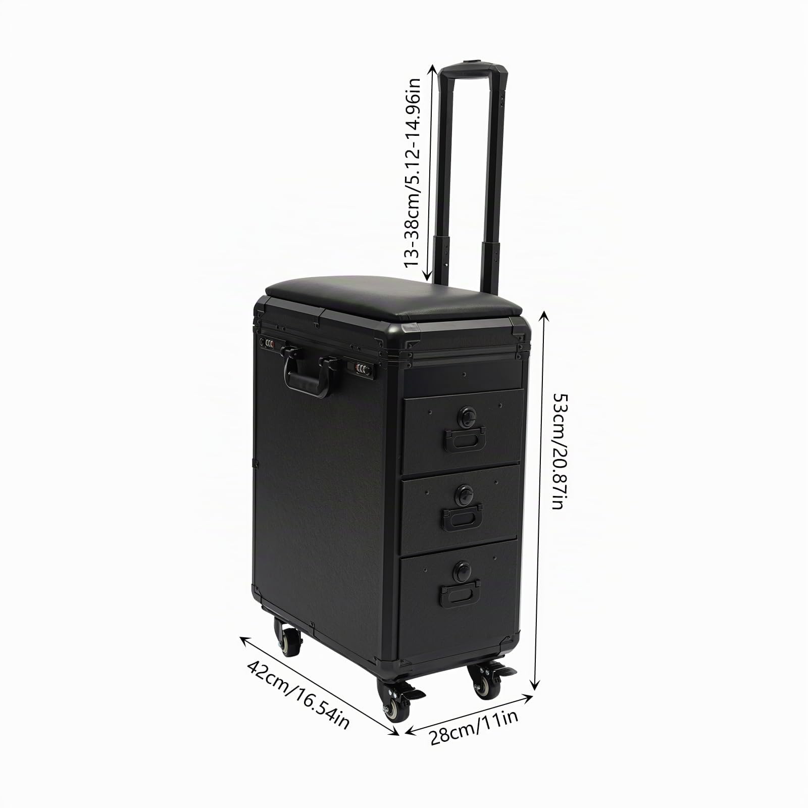 Maletín de cosméticos 4 en 1, con ruedas, cerradura de combinación profesional, capacidad de carga de 20 kg, para viajes, esteticista, peluquería, 42 x 28 x 53 cm (negro)