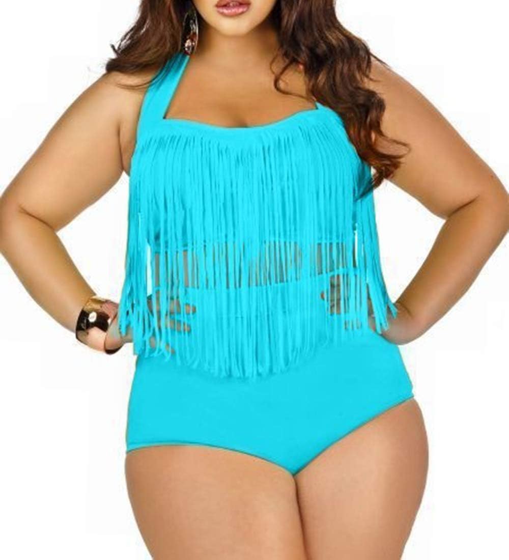 Women Plus Size Swimsuit Sets High Waist Fringe Swimwear Beachwear Solid Color Split Two Piece Swimsuit