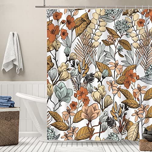 Ohshining Boho Shower Curtain Brown Floral Shower Curtain Fabric Autumn Leaves Flowers Blossom Fall Shower Curtains For Bathtroom Waterproof Retro Botanical Shower Curtain Set With Hooks 72X72,Brown #TOP7