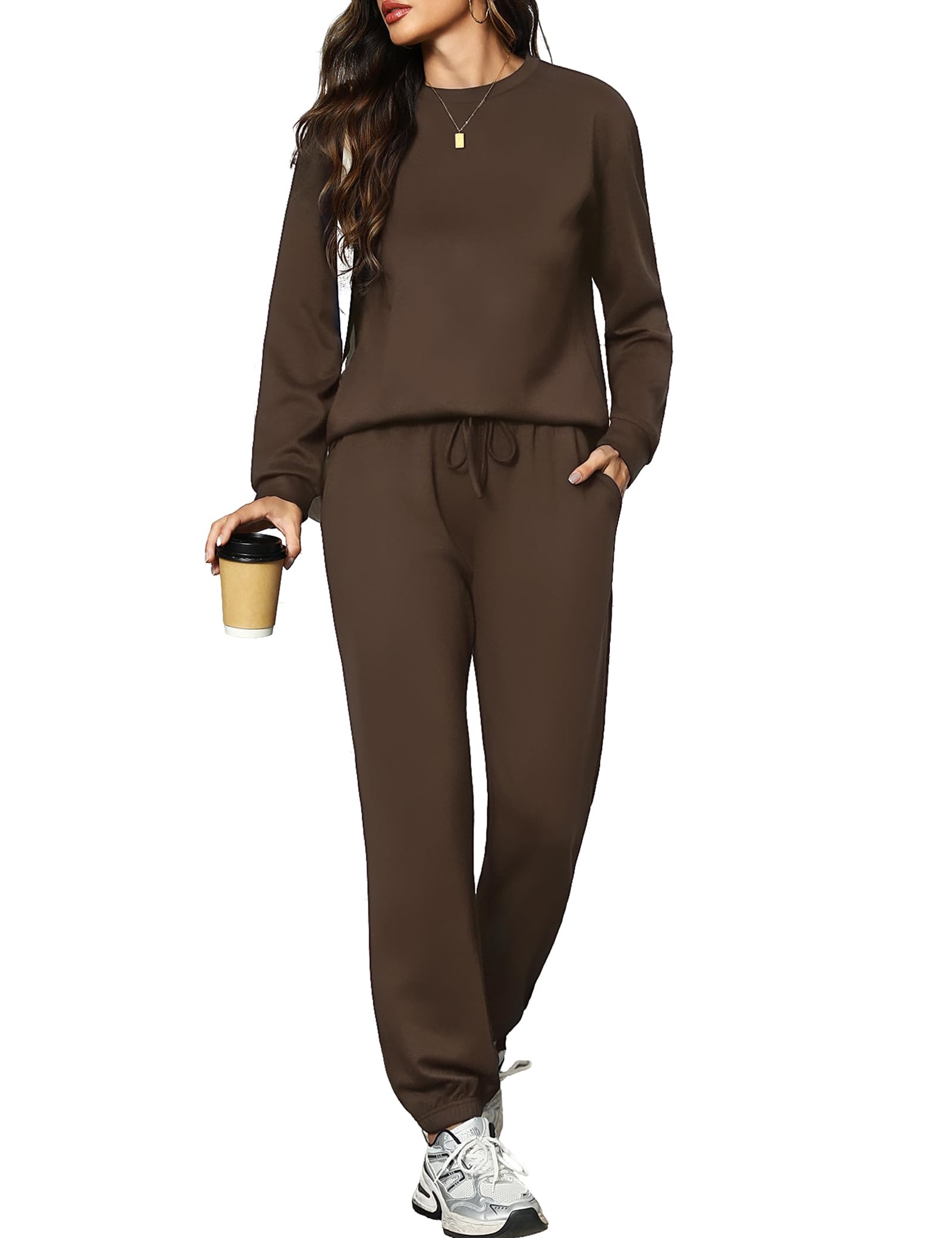 Aottori Jogginganzug Damen Rundhals Trainingsanzug Langarm Sportanzug Freizeitanzug Einfarbig Zweiteiler Hausanzug Lounge Set Sweatshirt und Jogginghose mit Taschen