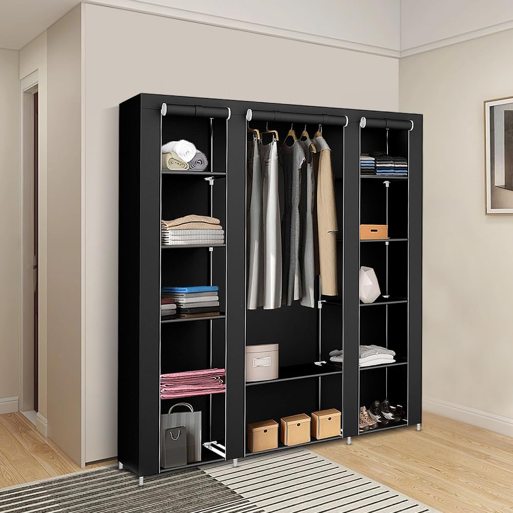 Armoire de Rangement Pliable en Tissu 175×150×45 cm – Grande Penderie 3 Portes avec Tringle Centrale, Housse Anti-Poussière, Noir