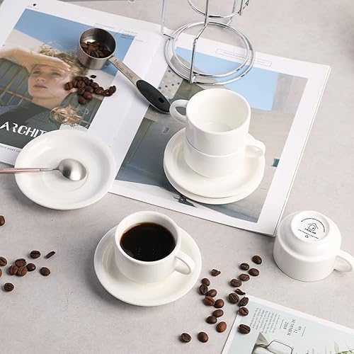 Miniatura 5 de Sweejar Tazas de café expreso de porcelana con platillos apilables de 2.5 onzas con soporte de metal para bebidas de café, café con leche, té, juego