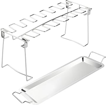 SHIKORI Chicken Leg Rack for Grill, Easy to Use 12 Slots Chicken Wing Rack, Premium Stainless Steel Chicken Drumstick Rack for Grill Accessories-with Drip Tray