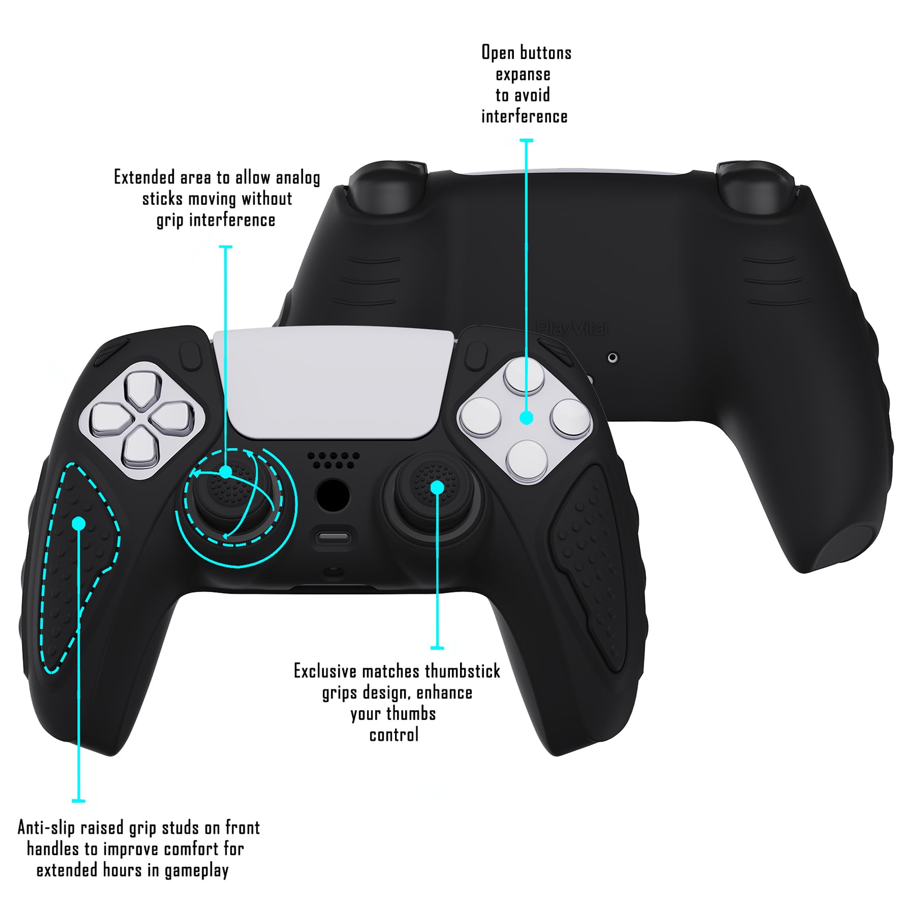 playvital Black Knight Edition Anti-Slip Silicone Cover Skin for ps5 Controller, Soft Rubber Case for ps5 Wireless Controller with Black Thumb Grip Caps - 3