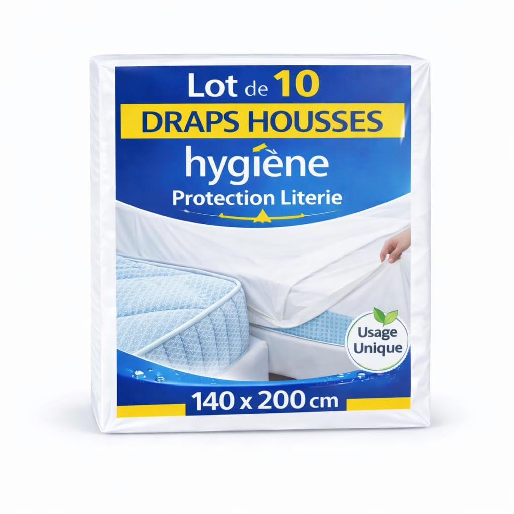 SANYGIENE | Housse Protège Matelas 140 x 200 cm | Lot de 10 Protections Matelas Jetables Lit 2 Personnes | Hygiène Literie Tourisme et Médical Blanc