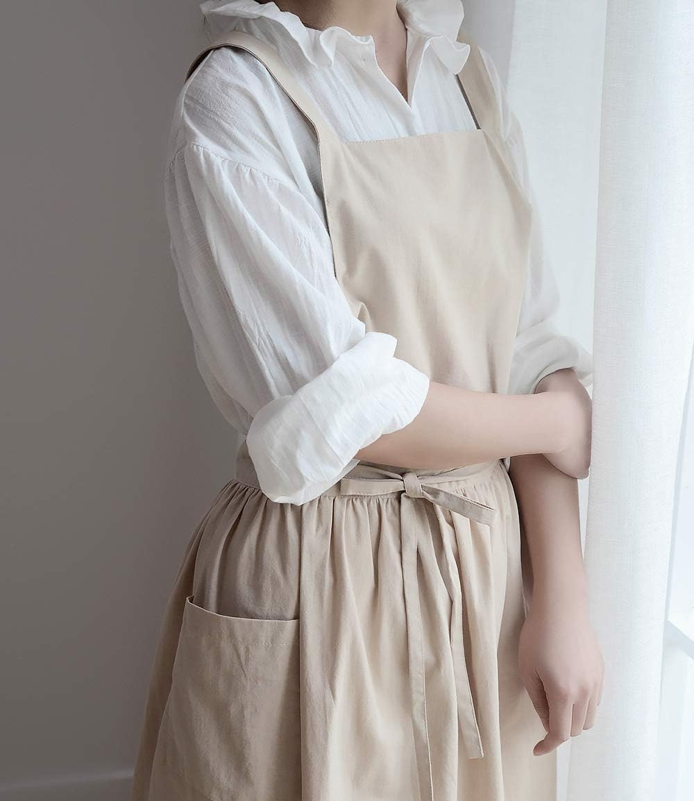 VLZUFE Women Cotton Linen Cross Back Apron with Pockets for Gardening Works Pinafore Dress - Image 2