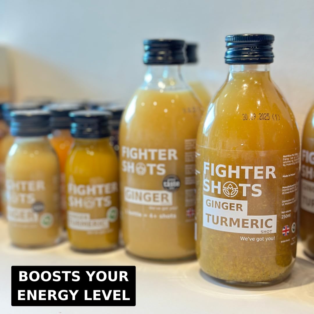 Fighter Shots Turmeric Dosing Bottles (6x250ml/24+ Shots) | Fresh Ginger Root & 8g of Organic Turmeric Root in every serving for Immune Support | Boosts Energy