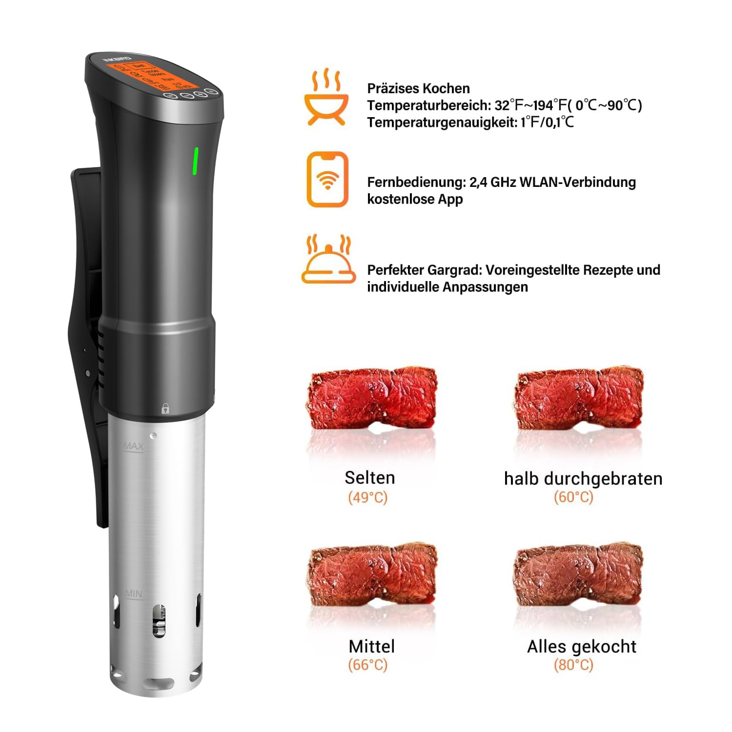 Inkbird Sous Vide Stick 1000 Watt,ISV-200W Sous Vide Garer App-Steuerung,360° Zirkulation,0℃-90℃ Temperatur