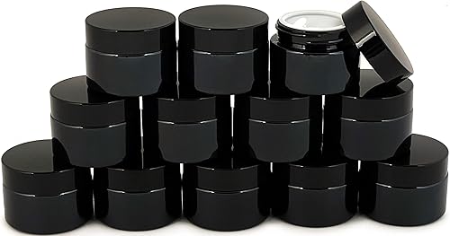 Vivaplex, 12, negro, 1 oz, tarros redondos de vidrio, con revestimientos interiores y tapas negras