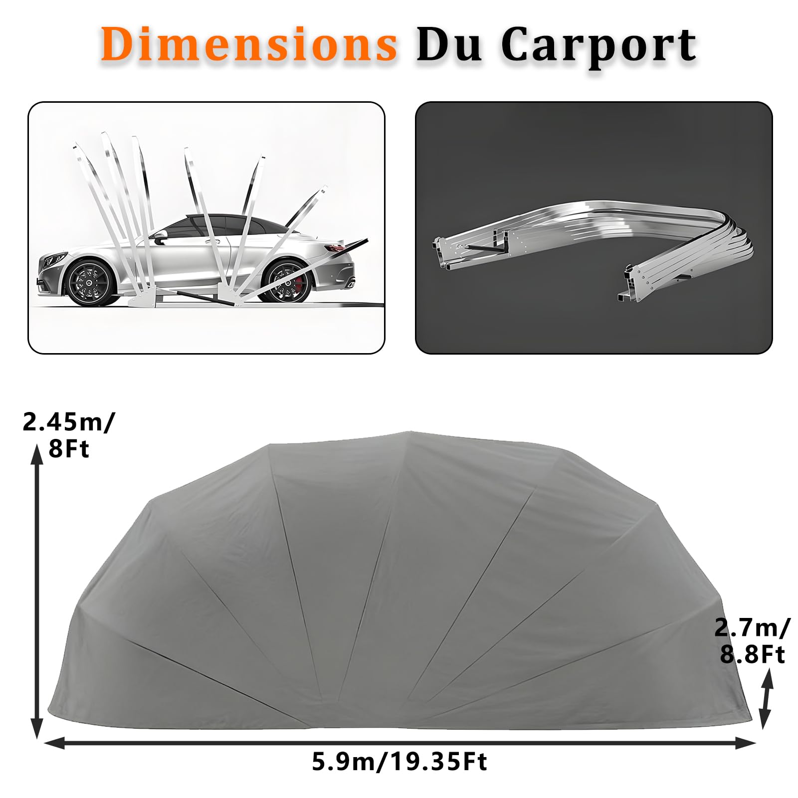 Abri de Voiture Semi-Automatique Pliable en Acier Inoxydable, Garage Mobile Extérieur L 5,9 × H 2.45 × W 2,7m, Carport Imperméable Anti-UV avec Verrou au Sol, Gris, pour Voitures SUV