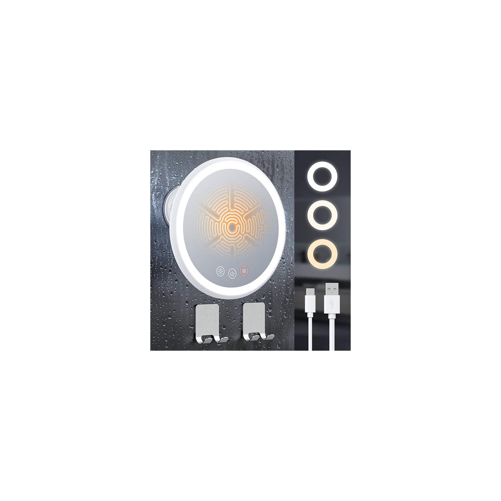 Gospire Beheizter Duschspiegel, beschlagfrei, mit Licht, 5000 mAh Akku, 360° drehbar, 21,1 cm großer Anti-Beschlag-Rasierspiegel mit 3 Farben, stufenlos, dimmbar, inklusive 2 Klebehaken, 3 Stück