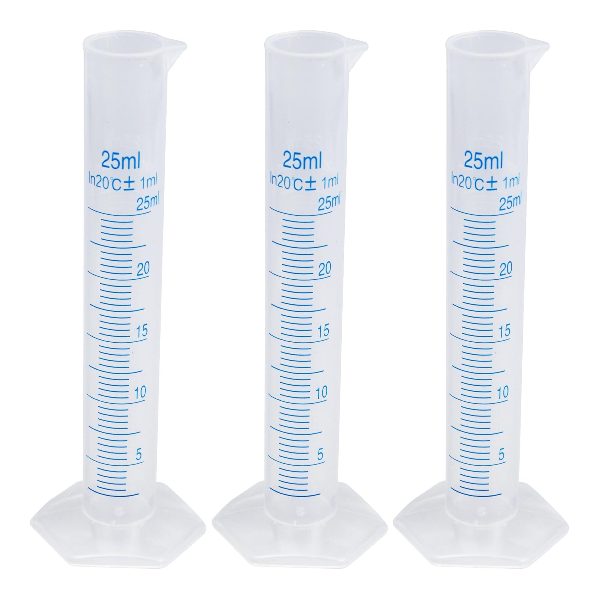 Probeta de Laboratorio para Ciencias, Cilindro medidor Graduado de plástico Transparente, líneas de Dos Caras de 25 ml a 100 ml, Paquete de 3(25ml)