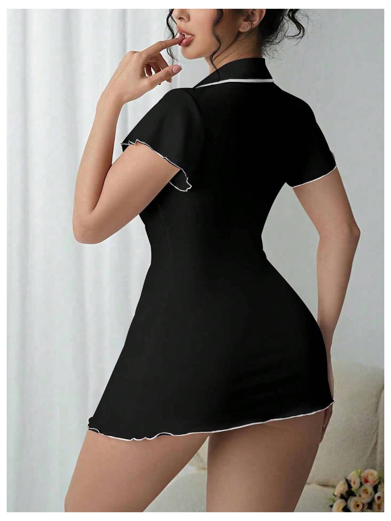 SweatyRocks Women's Deep V Neck Button Front Mini Dress Roleplay Lingerie Nurse Cosplay Outfits: Large Black