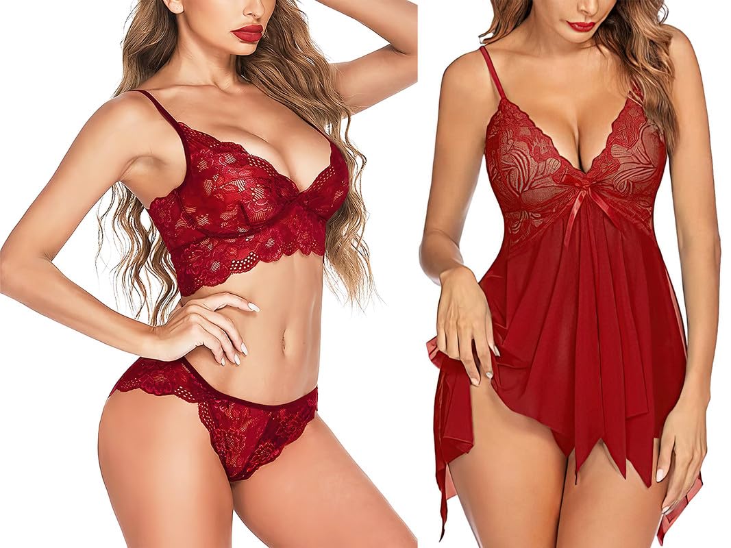 Women Babydoll Lingerie with Beautiful Breathable Lace Bra Panty Set Combo Pack-picture-33