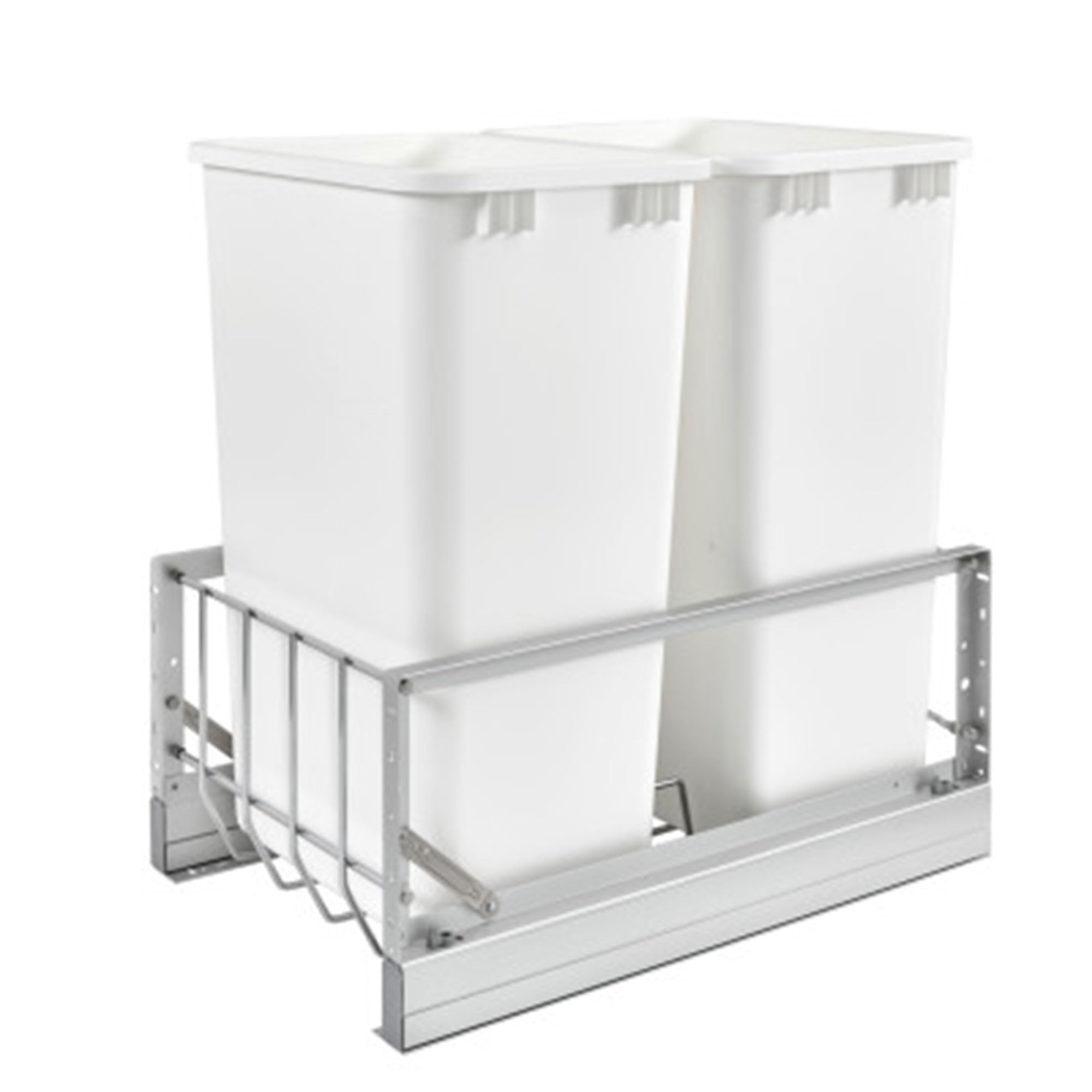 Rev-A-Shelf 50 Qt Aluminum Bottom Mount Double Pullout Waste Container w/Soft-Close for Base Kitchen Cabinets, Min Opening Width of 15", Silver &