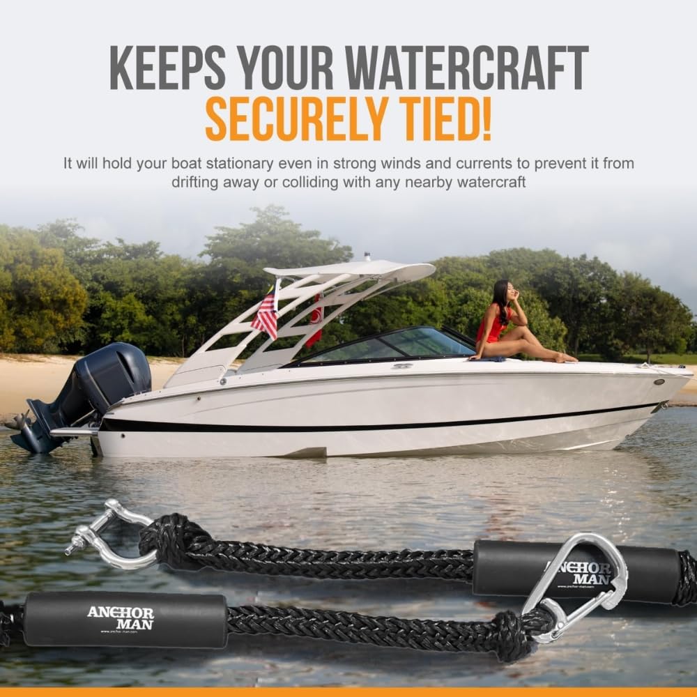 Anchor-Man Bungee-Schnur für Boote, Doppel-Clips, strapazierfähig, 316 Edelstahl, ideal für Boote PWC, eingebauter Snubber, Kajak, Wasserfahrzeuge, SeaDoo, Jetski, Ponton, Kanu (4,3 m - 15,2 m)