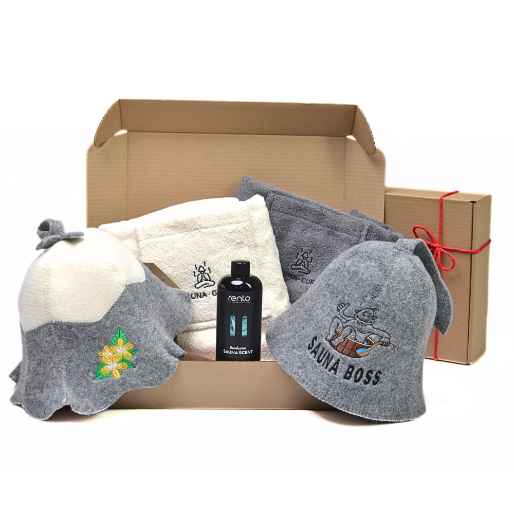 Set regalo sauna per coppie – 2 asciugamani sauna kilt in 100% cotone, 2 cappelli da sauna ricamati e infuso sauna eucalipto – set di accessori per sauna naturale per benessere, relax e ges