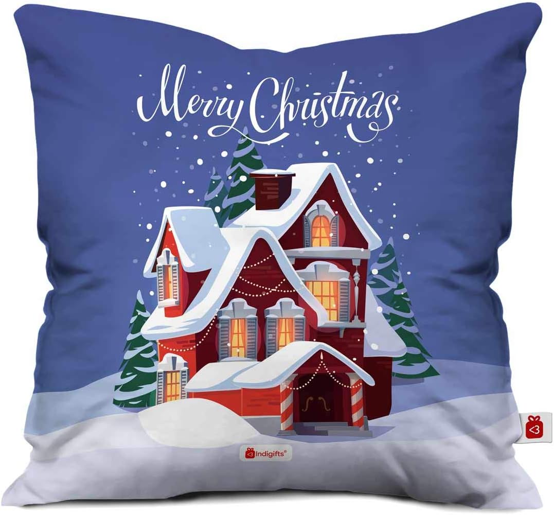 Indigifts indibni Polyester, Fibre, Satin Snow House Printed Cushion with Filler, (12x12 Inches, Multicolour, 1 Cushion Cover, 1 Vacuum Packed Conjugated Fibre Filler)
