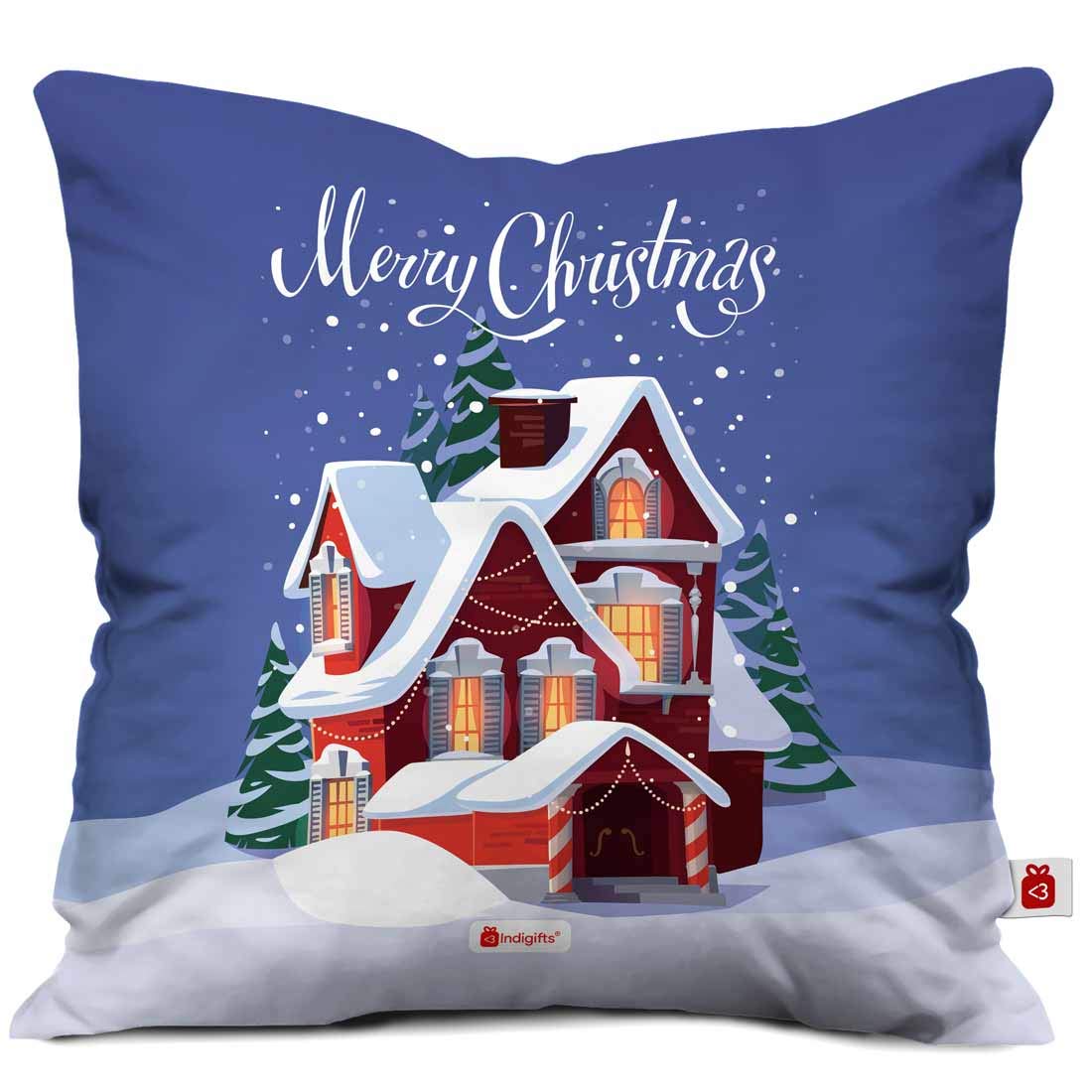 Indigifts indibni Polyester, Fibre, Satin Snow House Printed Cushion with Filler, (12x12 Inches, Multicolour, 1 Cushion Cover, 1 Vacuum Packed Conjugated Fibre Filler)