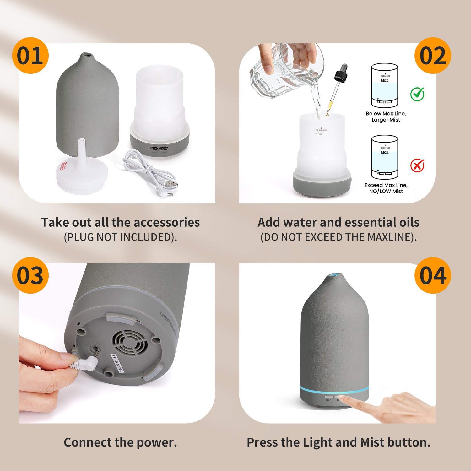 URPOWER Difusor de aceite esencial de 120 ml, difusor de aromaterapia, máquina de aceite con elegante diseño de cerámica gris, humidificador ultrasónico de niebla fría con 7 luces LED, apagado