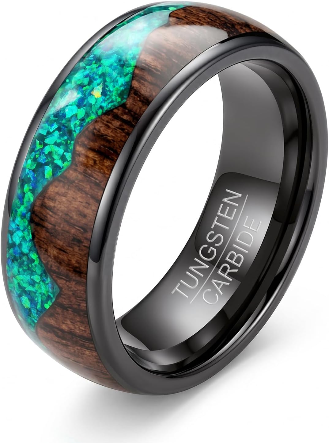 NUNCAD 8mm Tungsten Wedding Band for Men Green Opal & Koa Wood Inlay