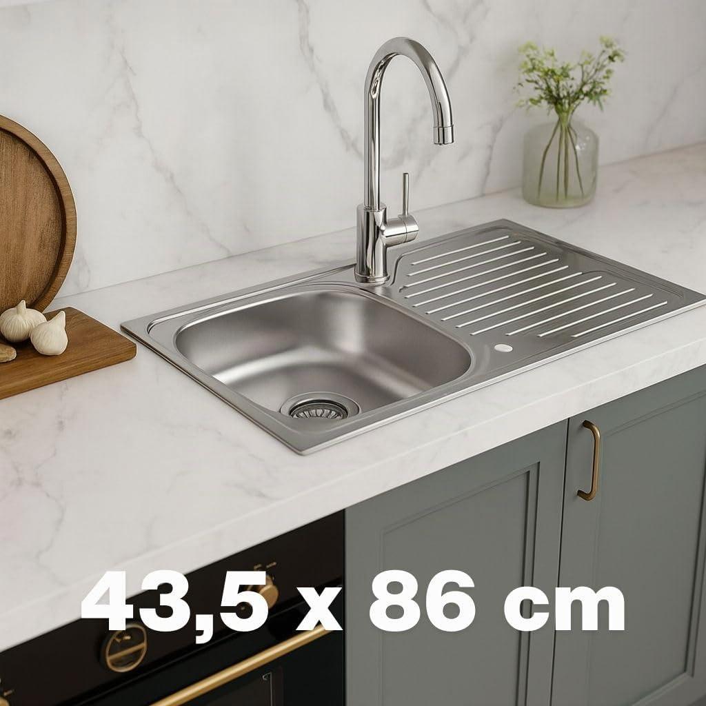 Evier Inox 1 Bac en acier inoxydable 86 x 43,5 cm – Évier encastrable – Avec siphon, trou de robinet et égouttoir