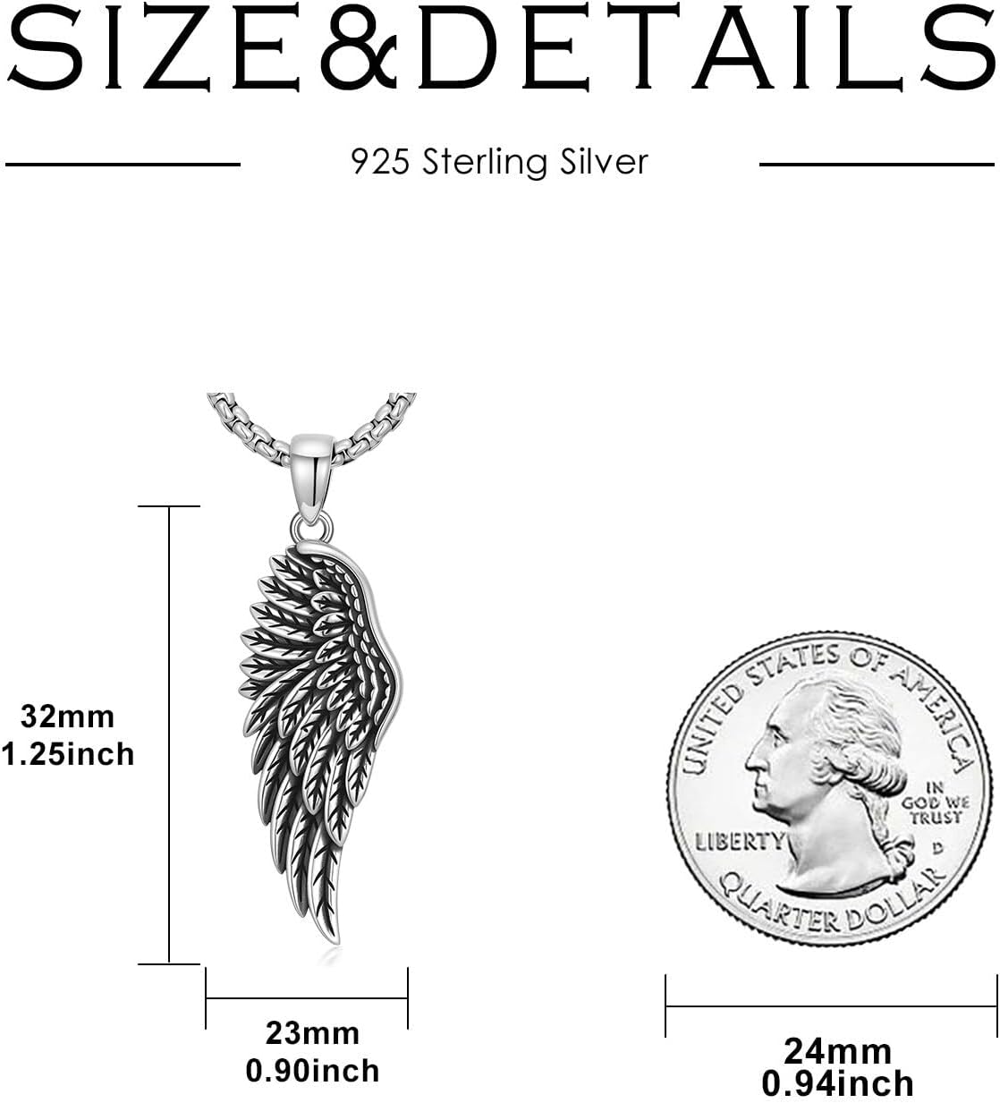 Angel Wing Necklace 925 Sterling Silver Single Guardian Angel Wing Feather Pendant Jewelry for Men Women, w/Stainless Steel Chain 22"+2"