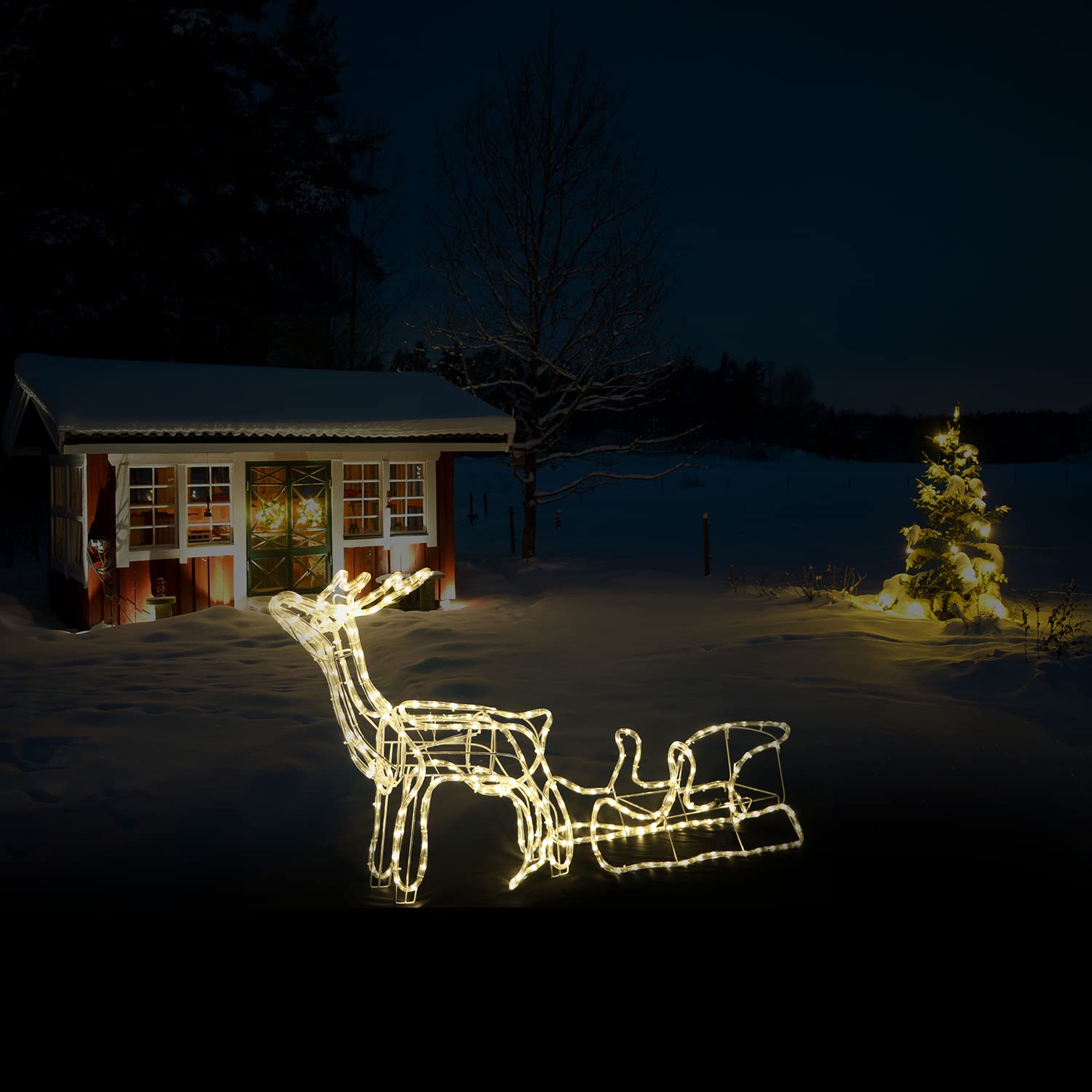 FLINQ Renna con slitta, illuminazione natalizia, decorazione da giardino per esterni, resistente alle intemperie, bianco caldo