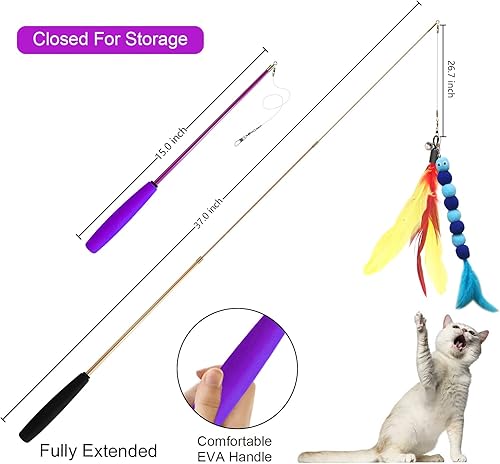 Miniatura 2 de Juguetes para gatos, 2 juguetes de plumas retráctiles, 10 piezas de repuesto de repuesto Teaser, 1 varita de cinta de arco iris, juguetes