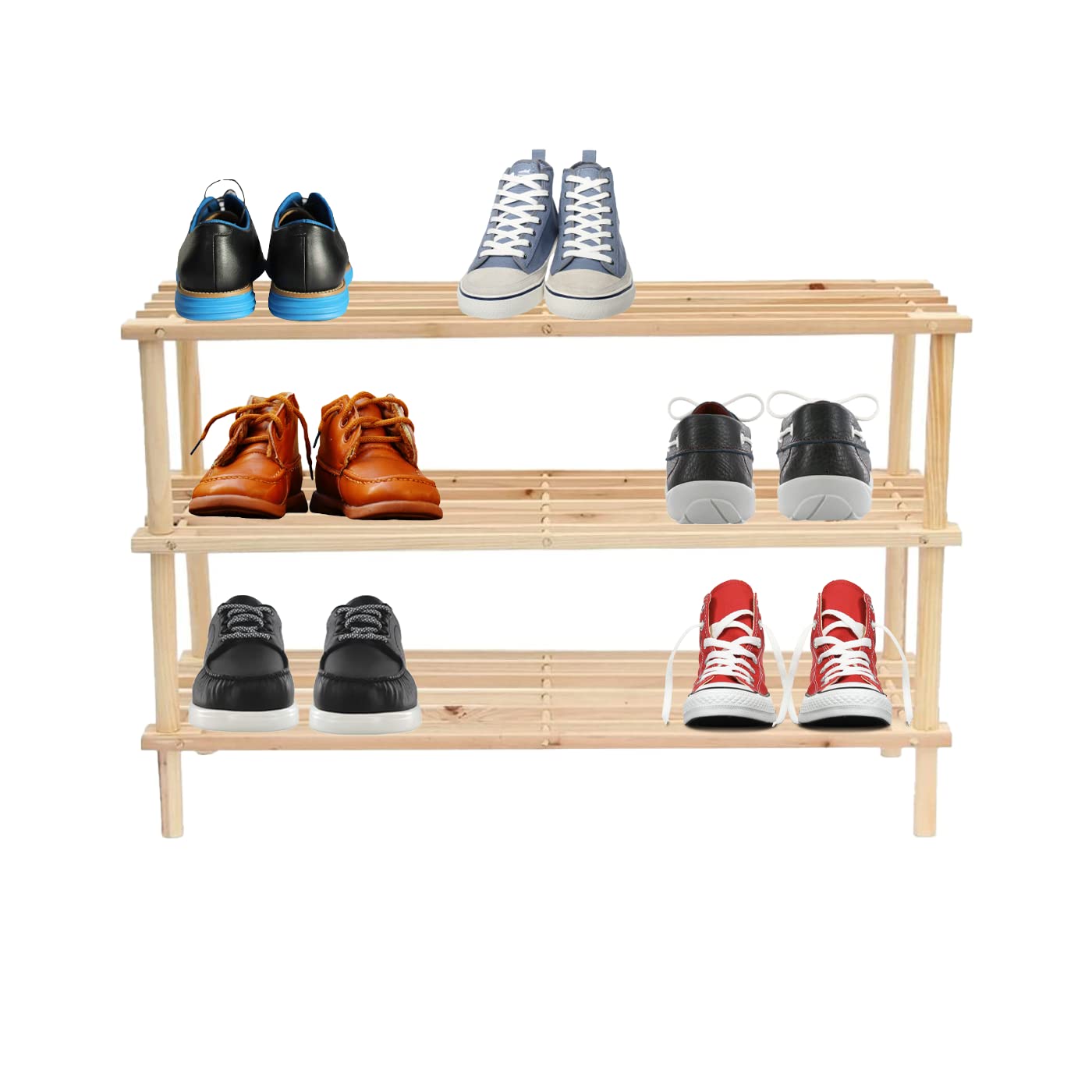 KHAPALWAK Standing 3 Tier Bamboo Wooden Shoe Rack Durable Sustainable Wood Shoe Rack Storage Organizer, Space Efficient Shoe Rack Wooden, Multi Use Shoe Rack (50 X 26 X 48.6 cm) (KS-433)
