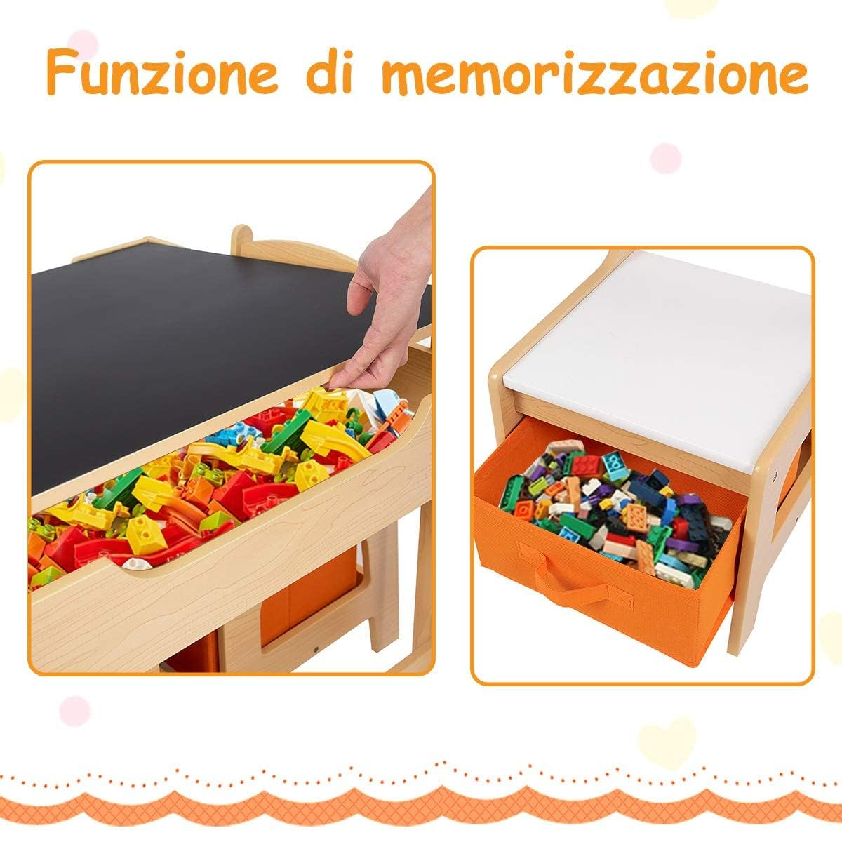 RELAX4LIFE Tavolino Bambini con Sedie, Tavolino Legno 3 in 1, Tavolo per Bambini con Piano Reversibile (Lavagna/Bianco) e 2 Sedie con Cassetti (62 x 62 x 48,5 cm, Naturale)
