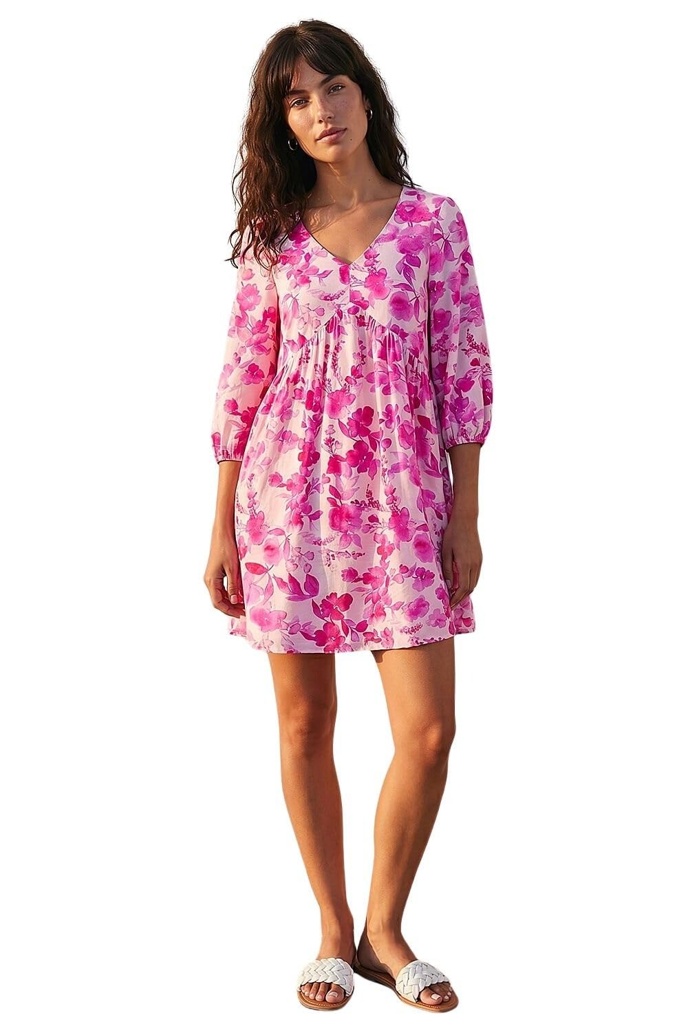 Roman Originals Floral Print Smock Dress for Women UK - Ladies Everyday Holiday Spring Summer V-Neckline Comfy Soft Evening Vacation Work Party - Pink - Size 18
