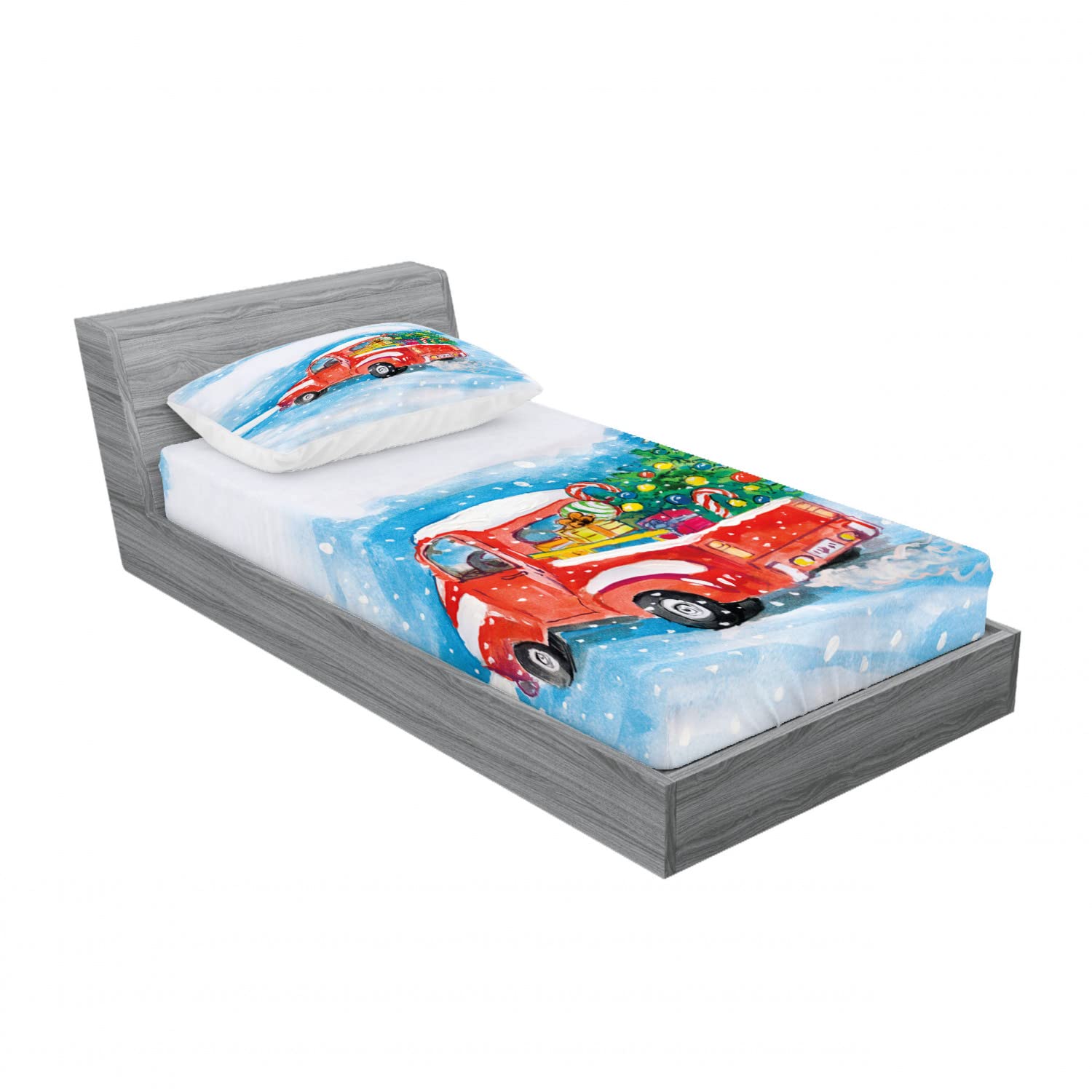 Ambesonne Christmas 2 Pack Fitted Sheet & Pillow Sham Set, Truck Winter Scenery, 4 Pcs Bedding Decor, Package Contains 2 Twin Size Fitted Sheets & 2 Pillow Covers, Blue White Red