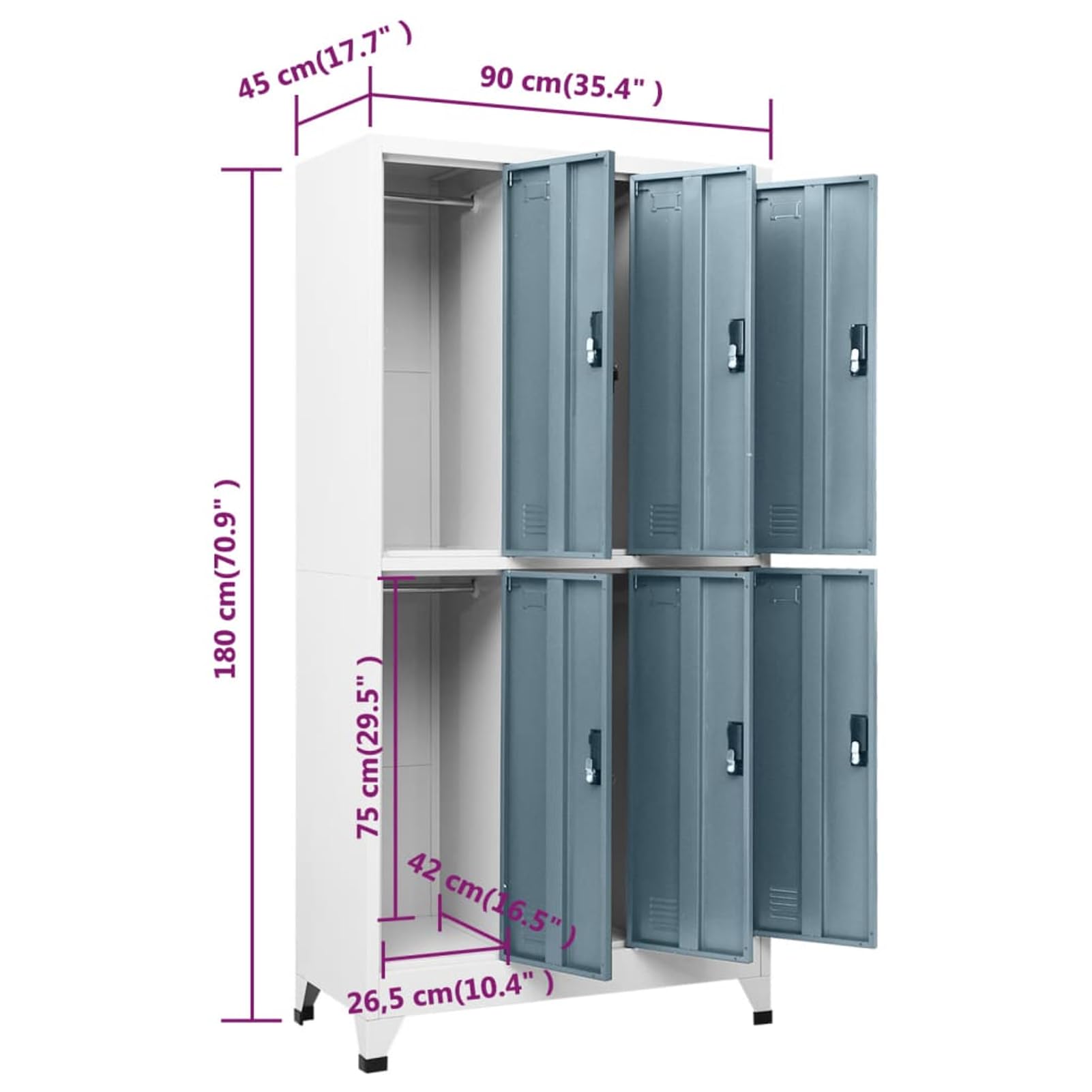 Armadio con ante chiudibili, in acciaio, 90 x 45 x 180 cm, 6 scomparti, grigio chiaro, grigio scuro, per ufficio e scuola