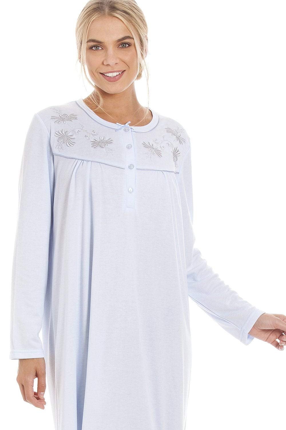 Camille Chemise De Nuit Manches Longues pour Femme - Design Classique, Tissu Lisse, Broderie Florale, Boutons, Confortable