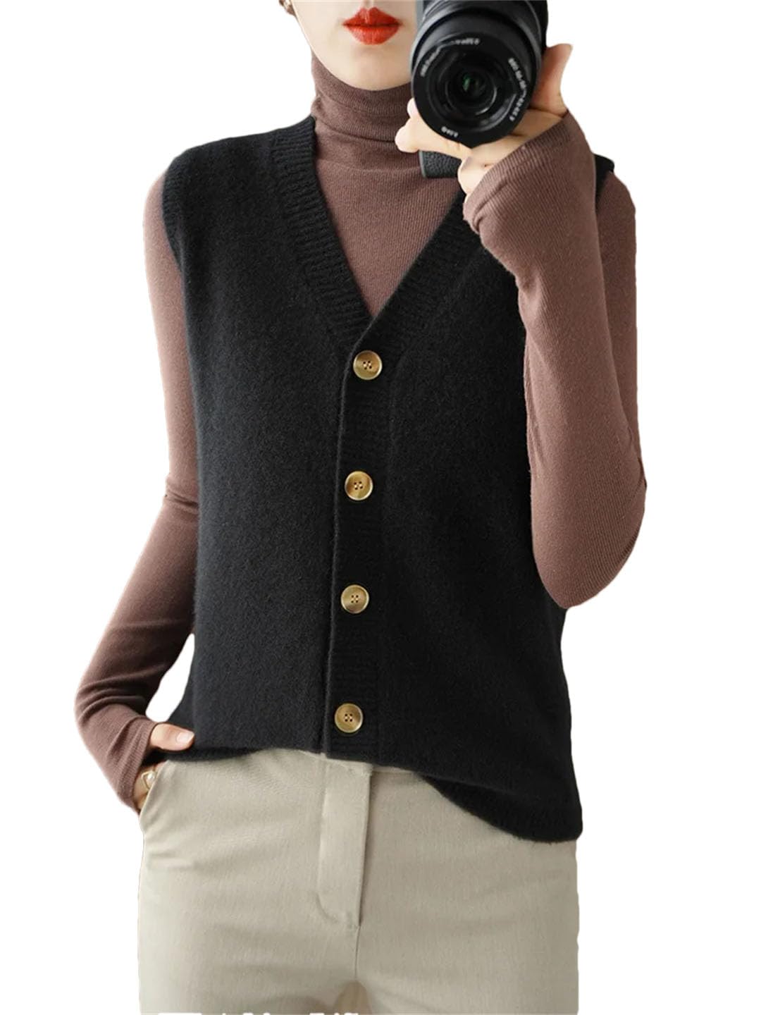 Cardigan en laine mélangée pour femme - Col en V - Sans manches - Boutons