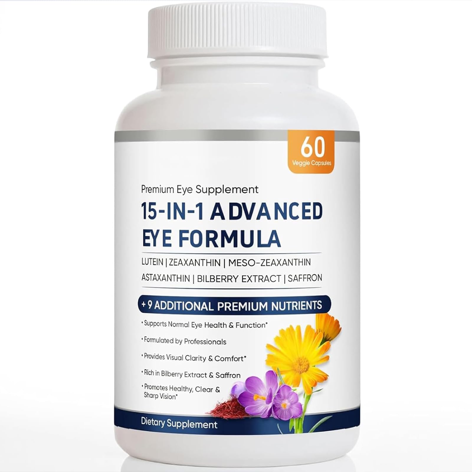 15 in 1 Advanced Eye Formula, Eye Vitamin and Mineral Supplement with Lutein, Zinc, Luteolin, Zeaxanthin & Bilberry Extract, 60 Count (1)