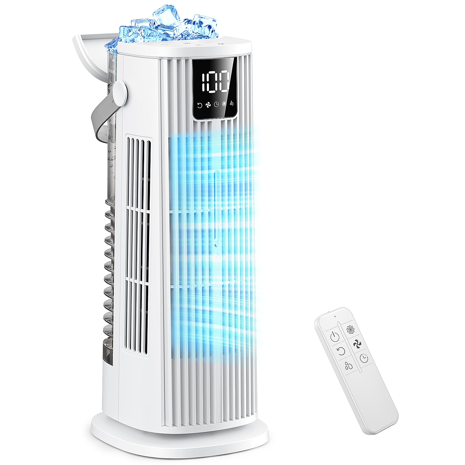 Portable Air Conditioner, 4 in 1 Air Cooler, 1350ML Evaporative Conditioner 120° Oscillating 3 Speeds Tower Fan, 1-12H Timer Quiet Spray Air Cooler Fan for Home Office Travel