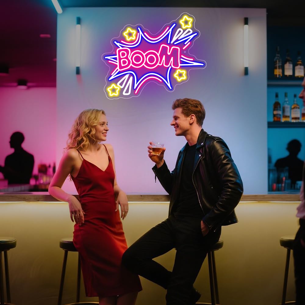 Boom Neon Schild,Bunte Boom Led Schilder Wand Deko für Spielzimmer Schlafzimmer Club Party Mann Höhle Living Room,Stern Dimmbare Neon Sign Geschenk für Teenager Männer Frauen USB Powered（12.4"*16.7"）